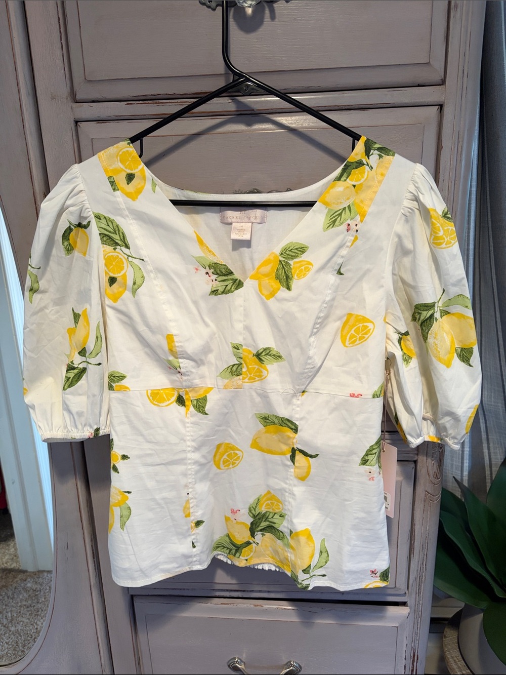 Rachel Parcell White Lemon Print V-Neck Puff Sleeve Top